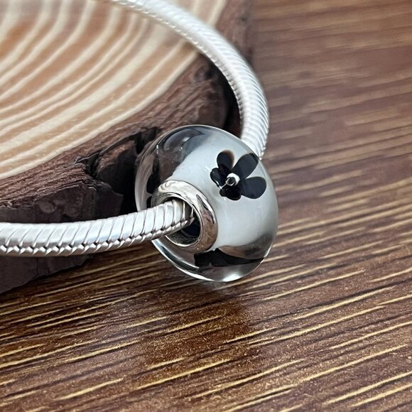 Pandora Jewelry - Murano Glass Black Flower White Clear Bead Charm